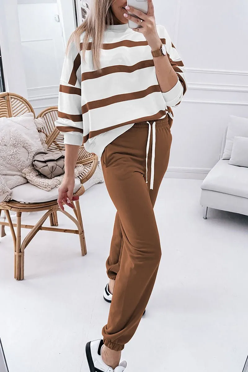 Classic Style Brown Striped Pullover and Jogger Set