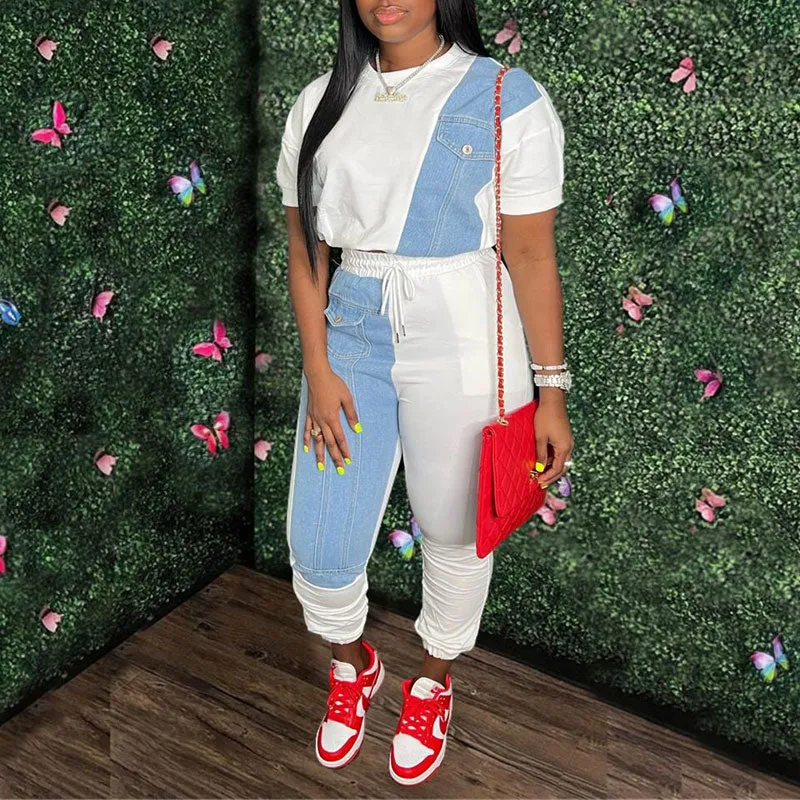 Colorblock Denim Patchwork 2PCS Pants Set