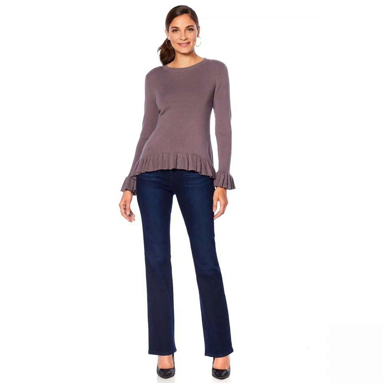 DG2 by Diane Gilman Quad Blend Ruffle Hem Ribbed Sweater Slate Medium