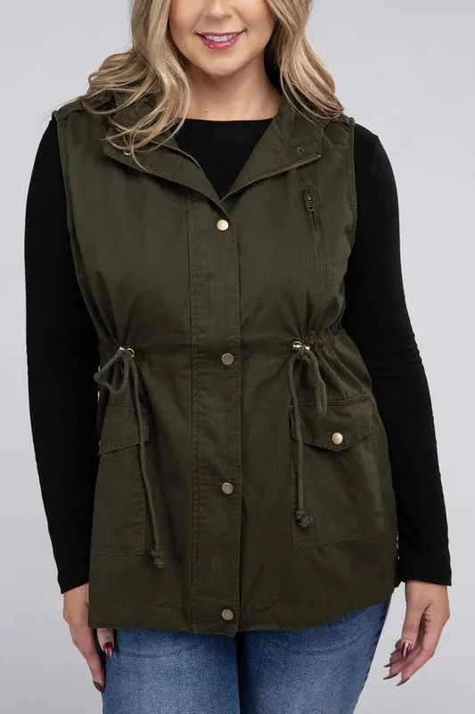 Drawstring Waist Military Hoodie Vest