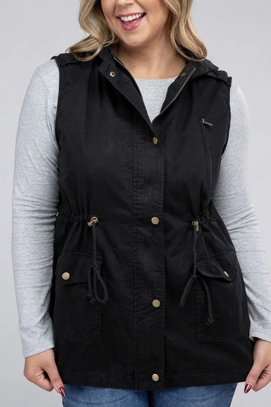 Drawstring Waist Military Hoodie Vest