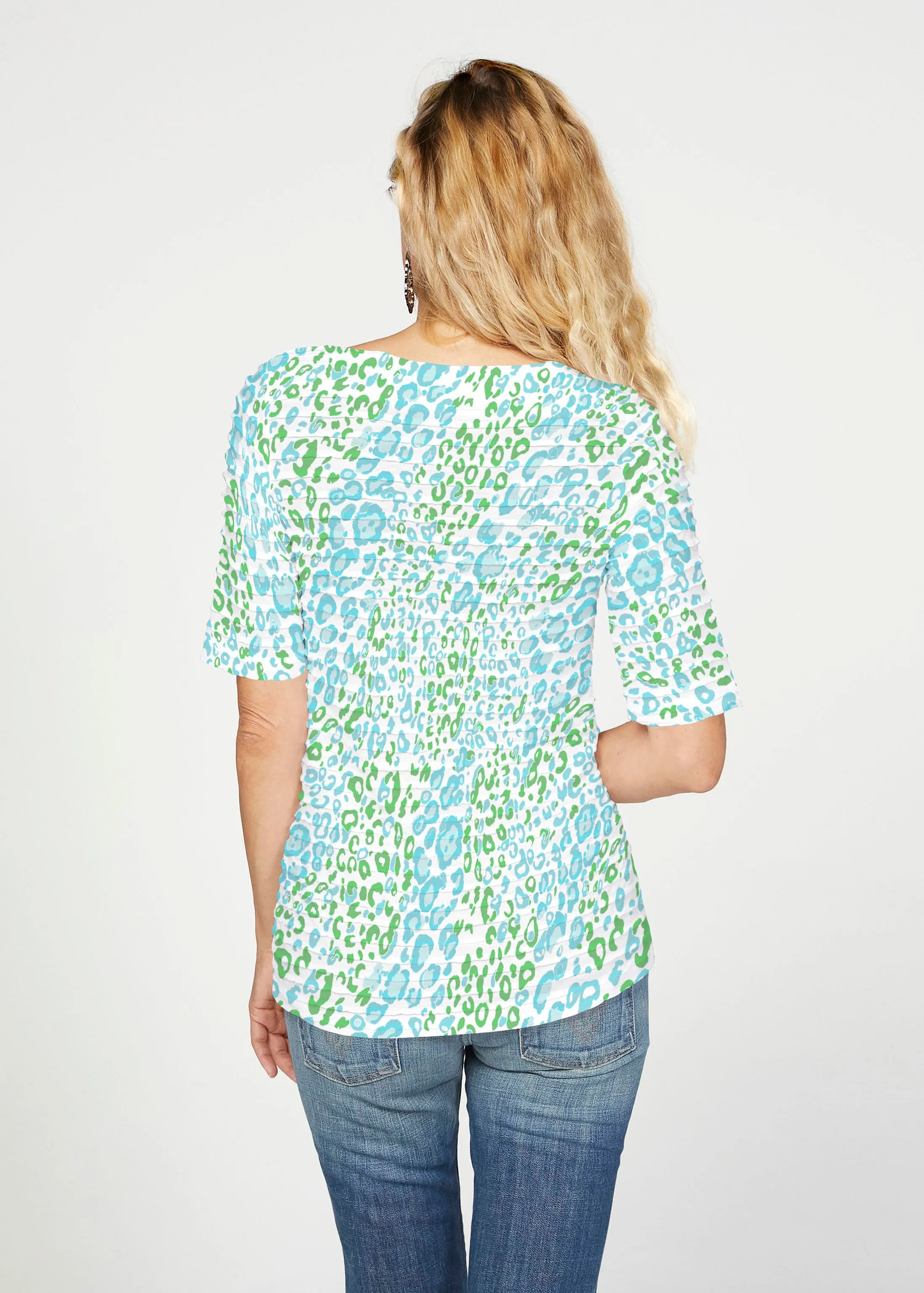 Greek Cat Green (7913) ~ Banded Elbow Sleeve Boat Neck Top