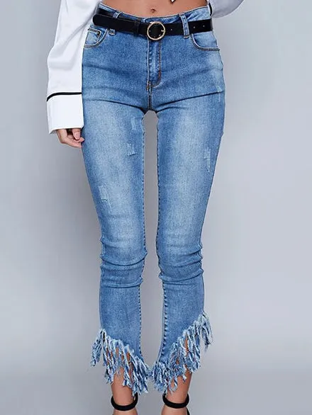 High-waist Washed Denim Tassel Irregular Nine-point Pants