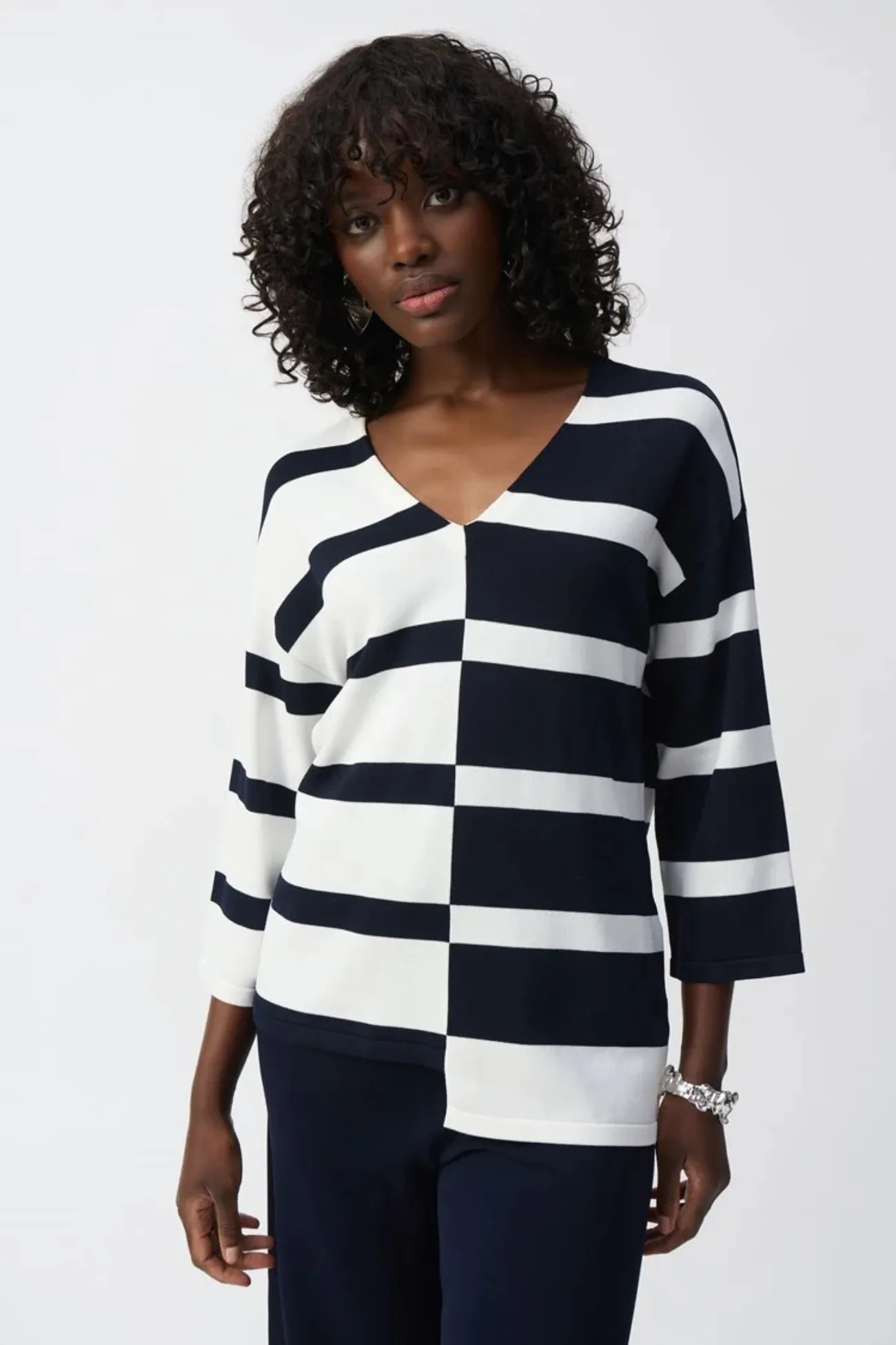 Joseph Ribkoff Navy Casual Striped V-Neck Pullover