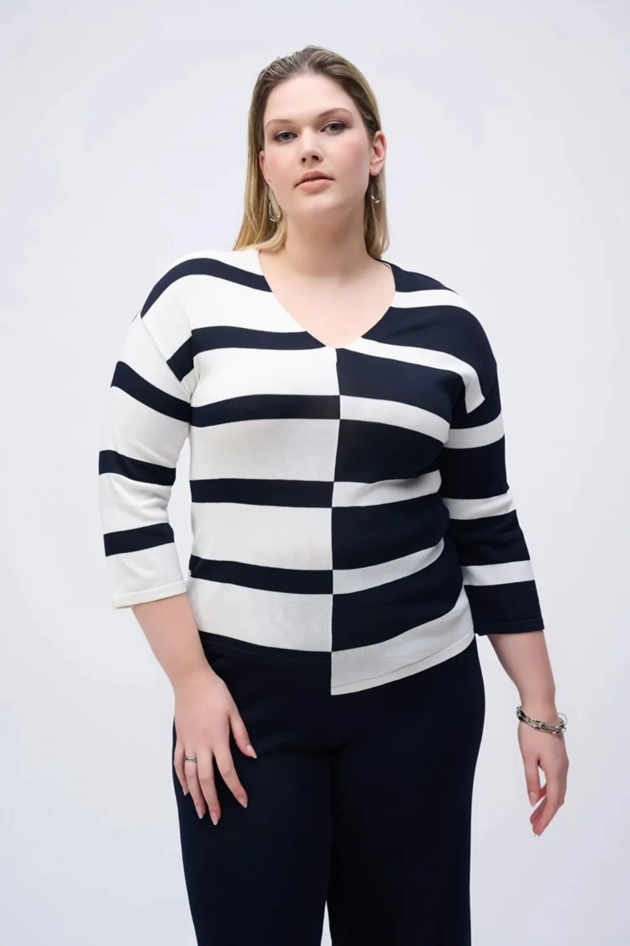 Joseph Ribkoff Navy Casual Striped V-Neck Pullover