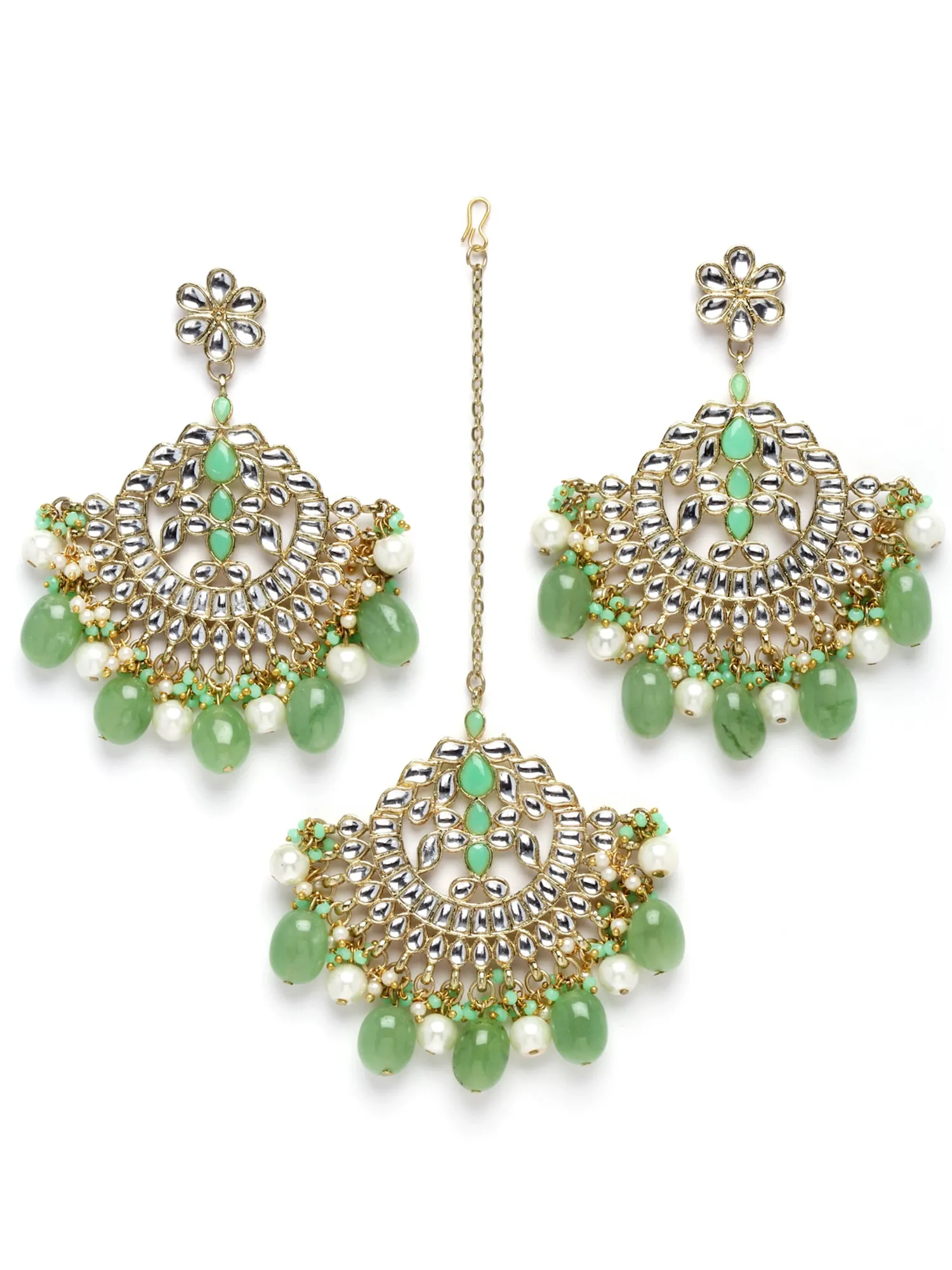 Karatcart Gold Plated Light Green Tumble and Pearl Studded Choker Necklace Set