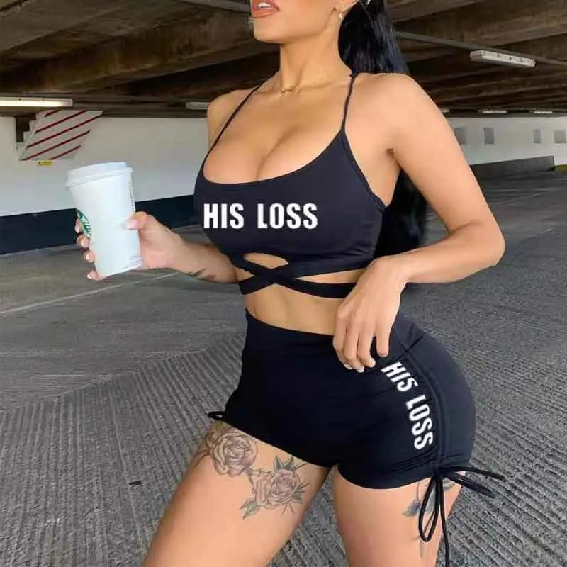 Letter Print Drawstring 2PCS Shorts Set