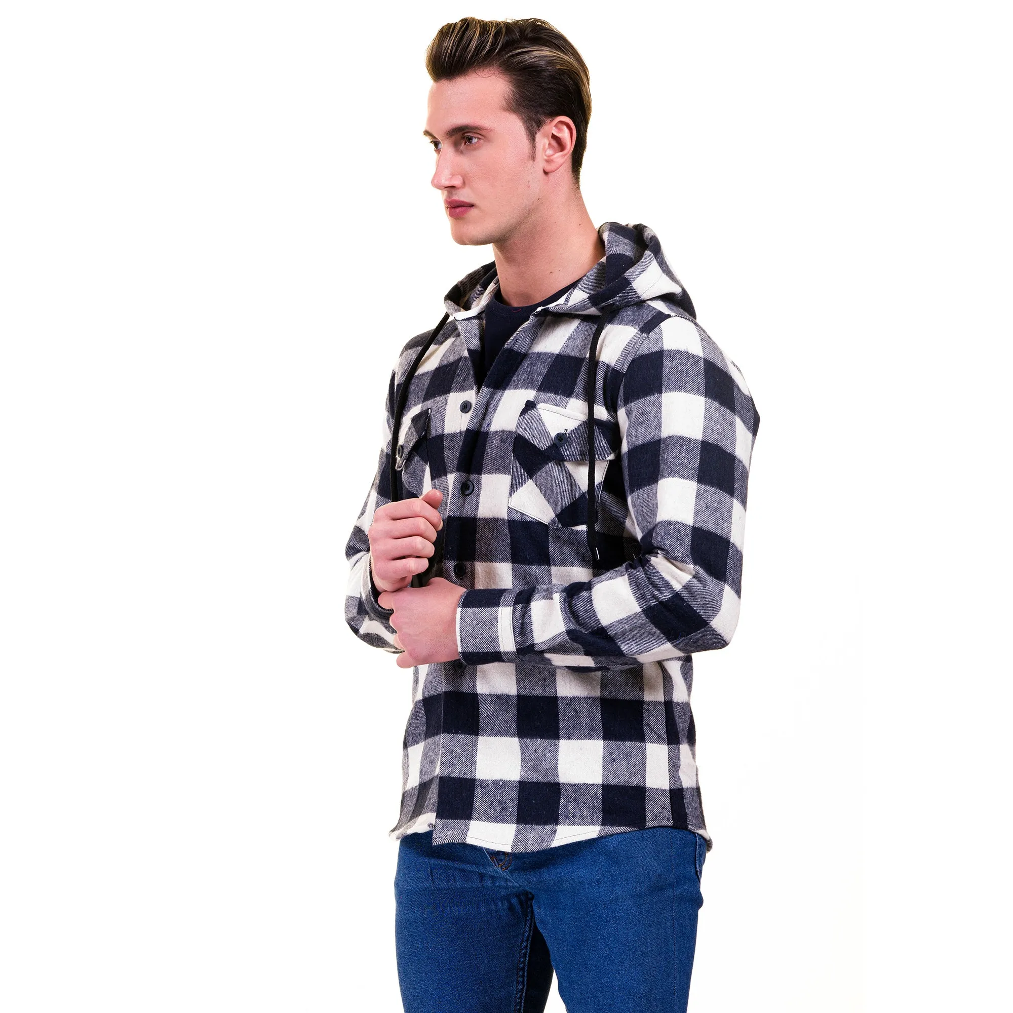 Navy Blue & White European Wool Luxury Zippered With Hoodie Sweater Jacket Warm Winter Tailor Fit
