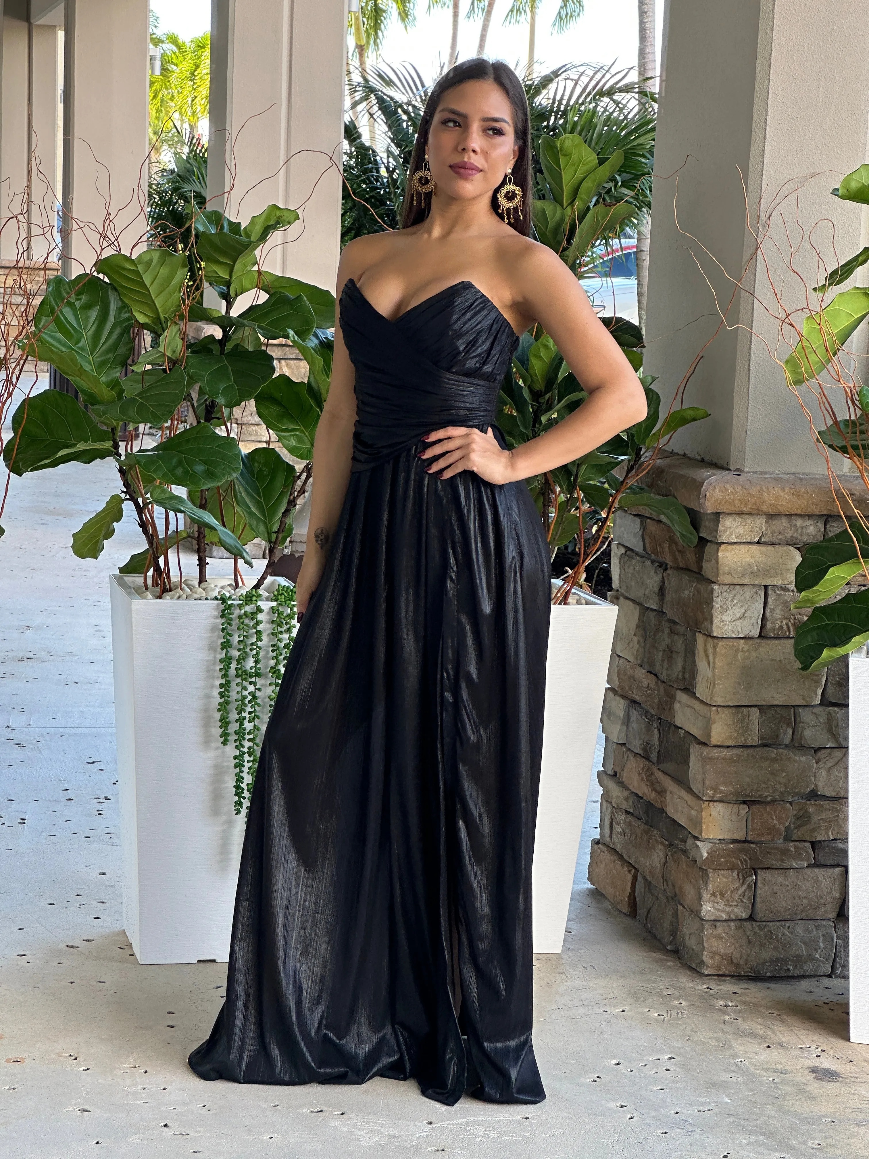 "Helen" Black Metallic Pleated Maxi Dress