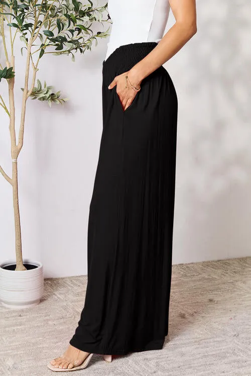 Smocked Waistband Wide Leg Pants- 5 Colors (Pink, Army Green Coffee, Black, Charcoal)