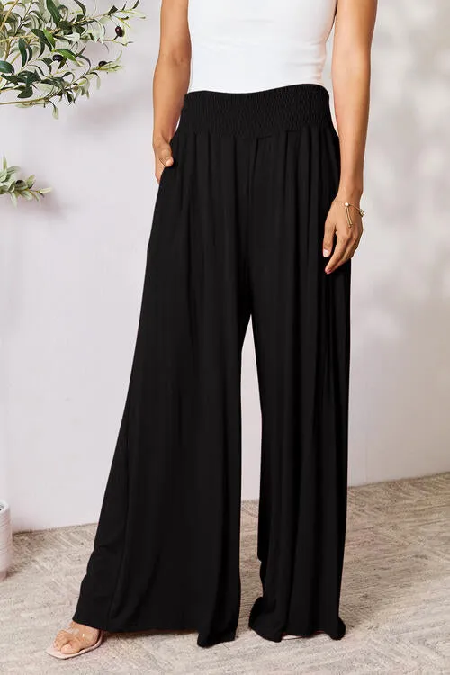 Smocked Waistband Wide Leg Pants- 5 Colors (Pink, Army Green Coffee, Black, Charcoal)