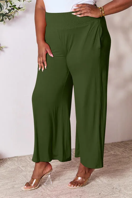 Smocked Waistband Wide Leg Pants- 5 Colors (Pink, Army Green Coffee, Black, Charcoal)