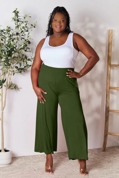Smocked Waistband Wide Leg Pants- 5 Colors (Pink, Army Green Coffee, Black, Charcoal)
