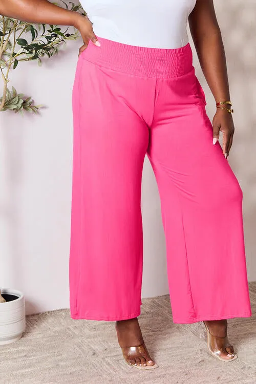 Smocked Waistband Wide Leg Pants- 5 Colors (Pink, Army Green Coffee, Black, Charcoal)