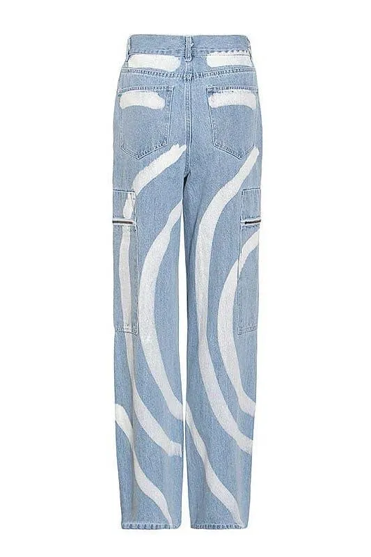 street style casual stripes stitching loose jeans
