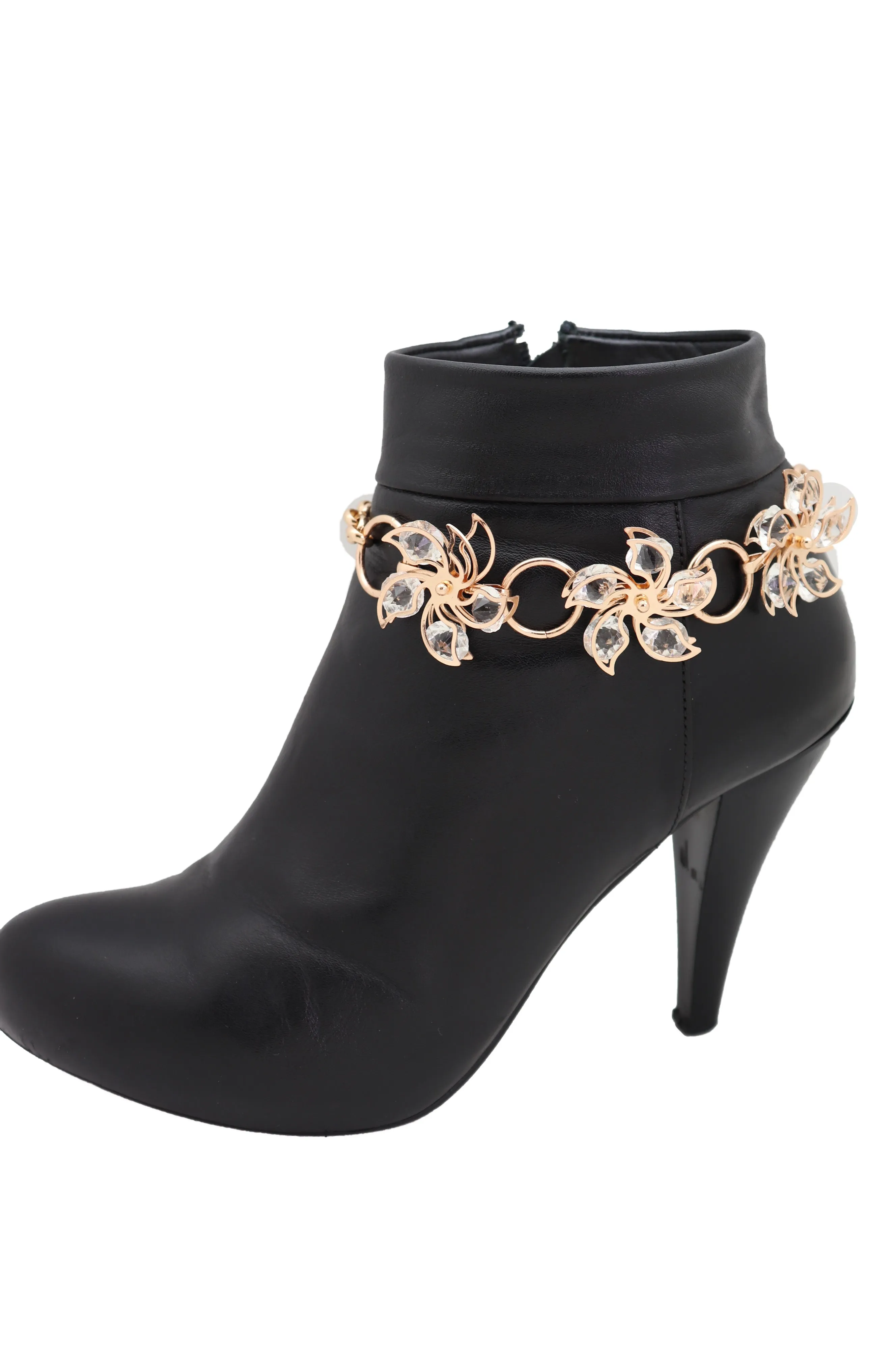 Women Gold Metal Chain Boot Bracelet High Heel Shoe Charm Bling Flower Anklet Elegant Dressy Look