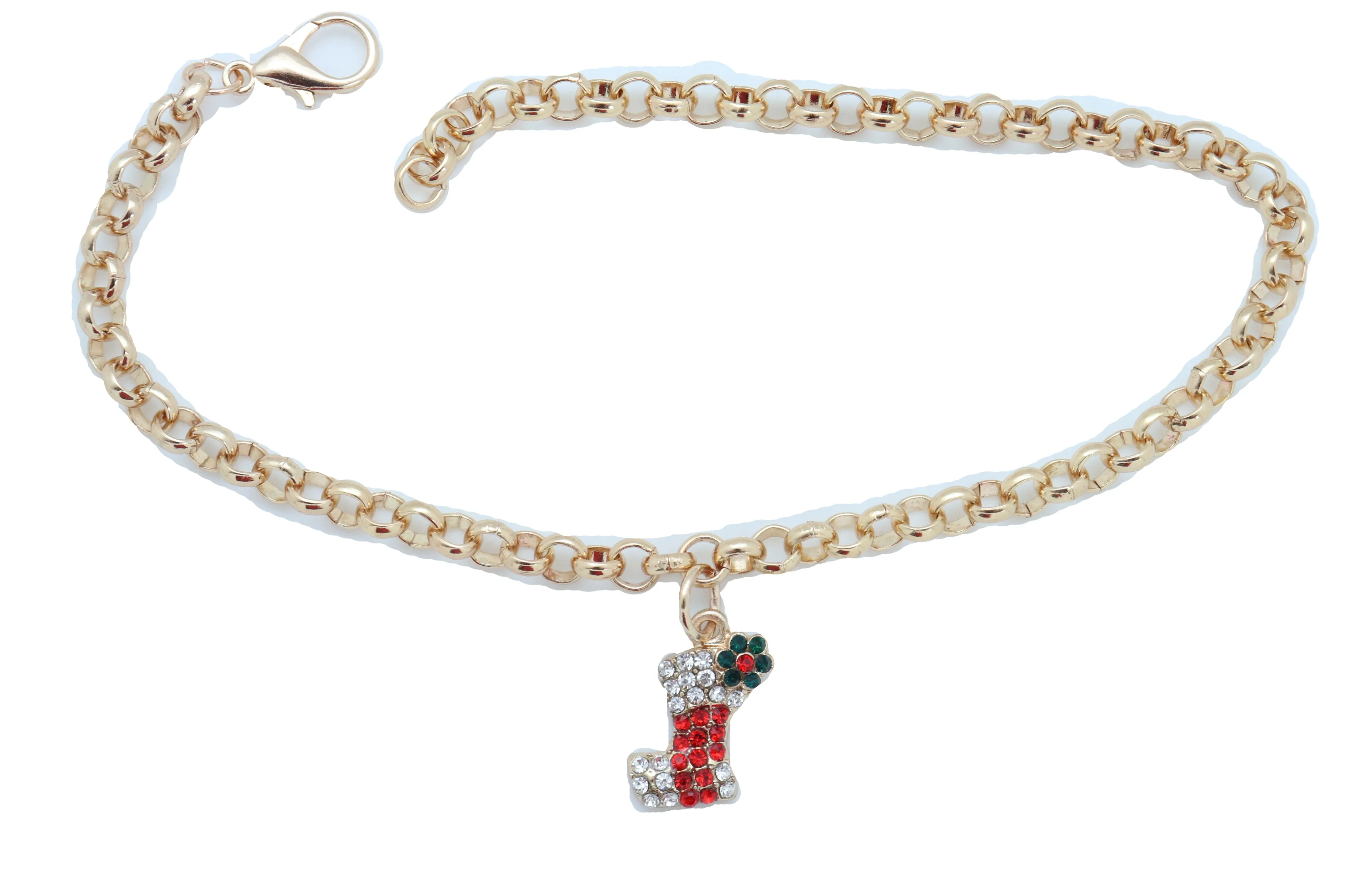 Women Gold Metal Chain Boot Bracelet Shoe Anklet Holiday Stocking Bling Charm Adjustable One Size Band