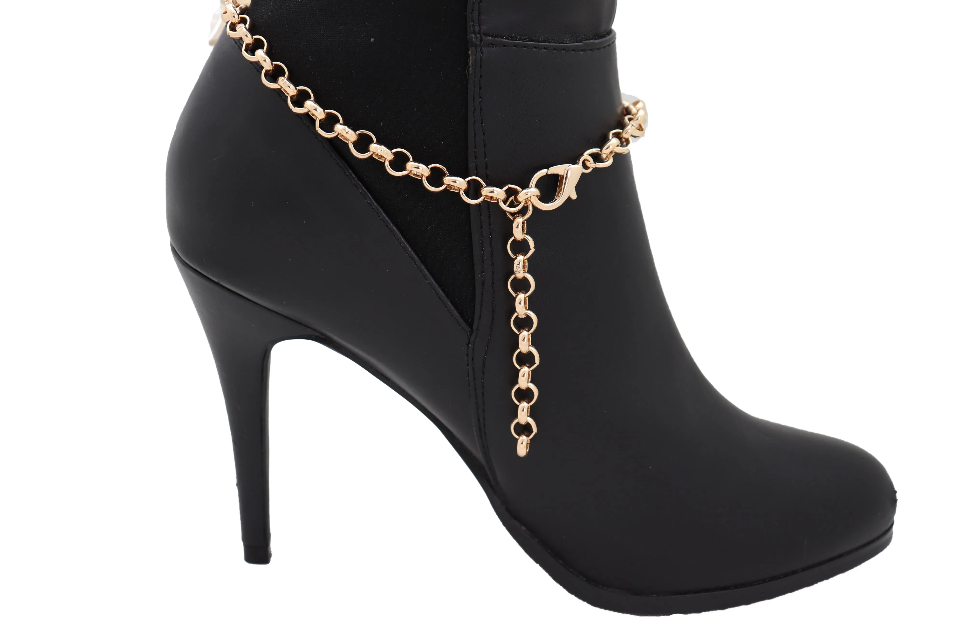 Women Gold Metal Western Boot Chain Bracelet Shoe Anklet Big Cream Flower Charm Adjustable Band One Size