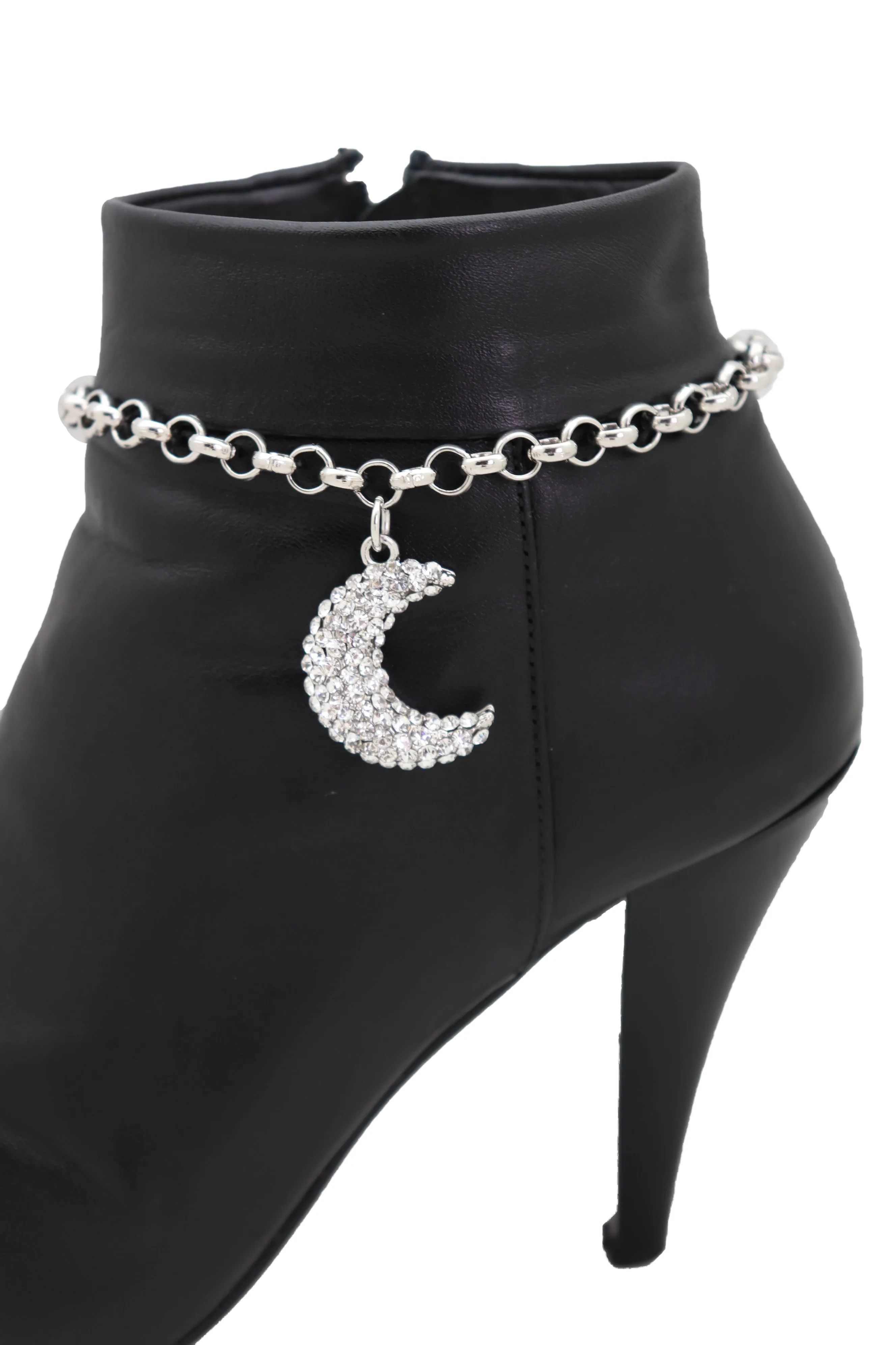 Women Silver Metal Chain Boot Bracelet Shoe Charm Jewelry Bling Shiny Half Moon Decorative Style Jewelry