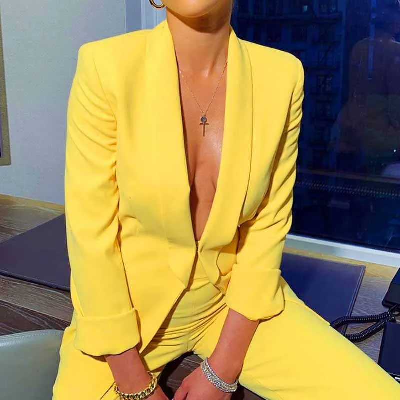 Women's 2 Piece Suit Deep V Neck Blazer and Wide Leg Pants Suit
